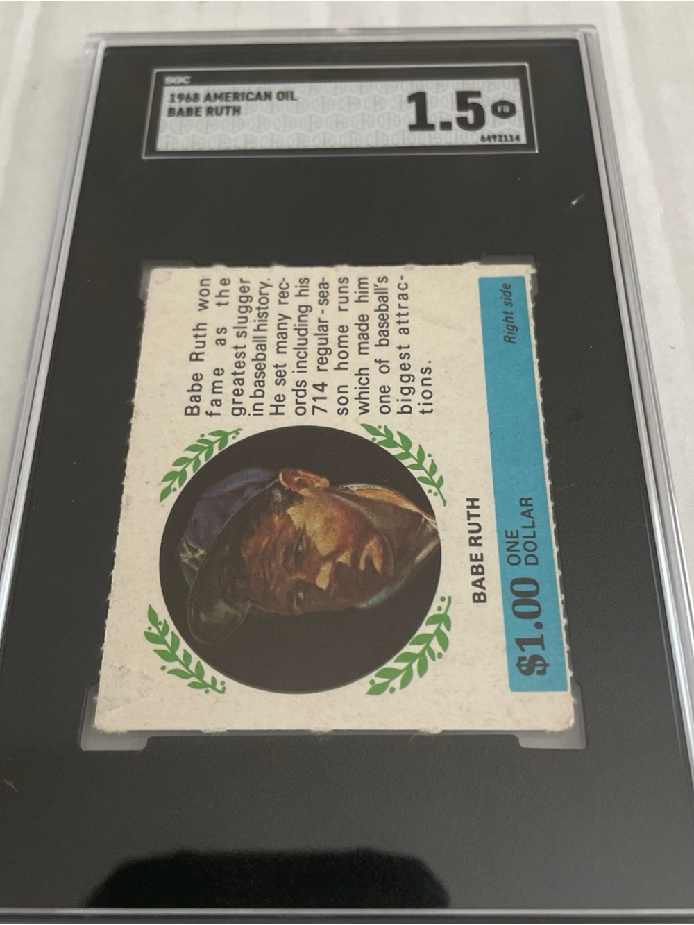 1968 AMERICAN OIL BABE RUTH RIGHT SIDE  SGC 1.5 Vintage Baseball Card